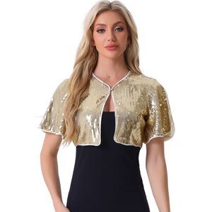 Sequin Jacket Flared Sleeve Sparkly Bolero Crop Glitter Shrug Light Gold